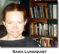 color photograph of Sara Lundquist in front of a book case