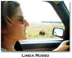 Russo is driving a car with sunglasses. A buffalo can be seen from the window