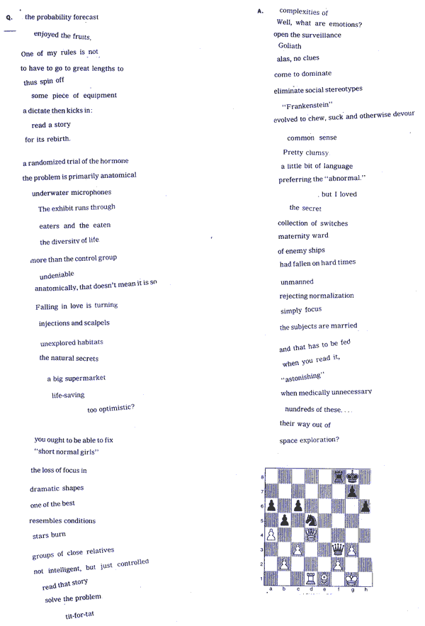 second page of Thalia Field's cut-up poem featuring chess board in bottom right corner