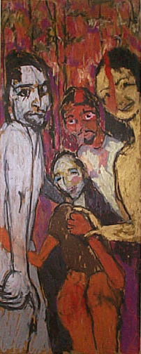 in shades of red, yellow, and grey, impressionistic portrait of 4 figures
