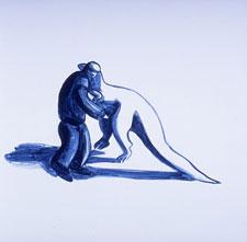 a monochromatic drawing in blue of a figure wrestling with a dinosaur