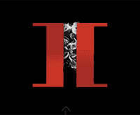 two red columns on a black background with black and white abstraction between the columns